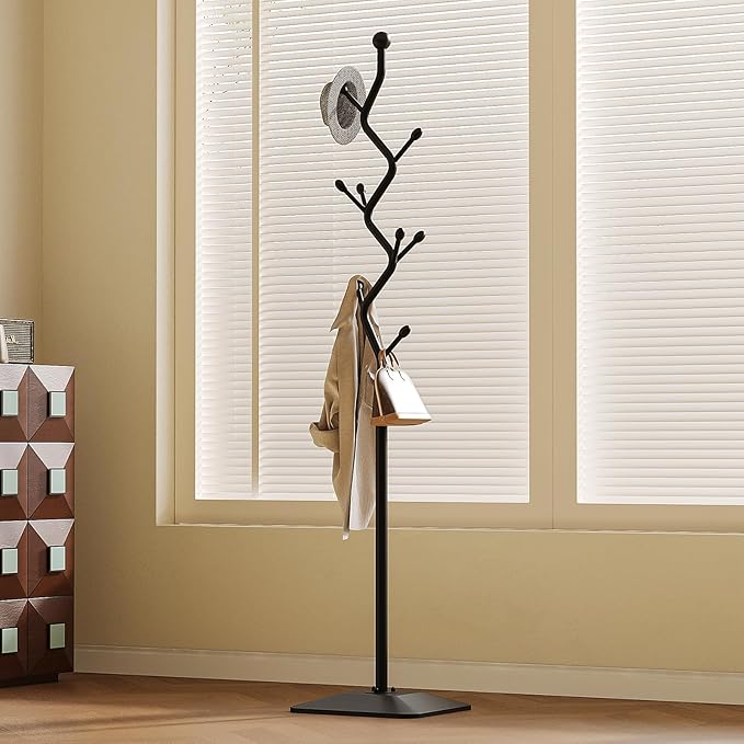 Coat Rack Freestanding Metal Coat Tree with 8 Hooks, Creative Design Tree Branch-look, Standing Coat Rack Coat Hanger Stand with Stury cast iron Base for Entryway, Hallway, Bedroom (black)
