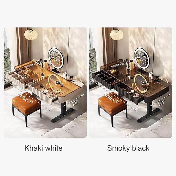 Lartis Vanity Table with Stool,Electric Lift Vanity Desk,Vanity Set，Up and Down Desk, Standing Vanity with Drawer