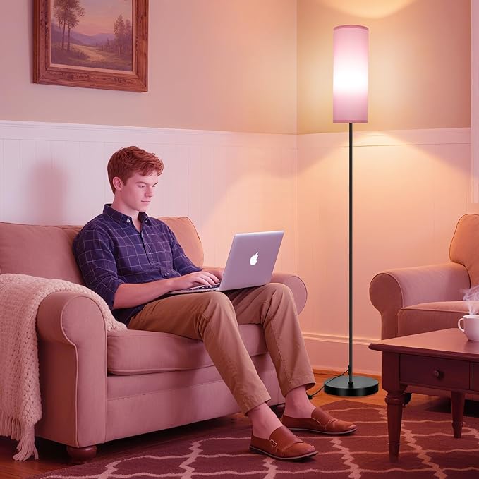 FRIDEKO HOME Floor Lamp with Pink Shade, Simple Design with Foot Pedal Switch, Small Tall Lamps for Living Room Bedroom Office, Corner Floor Stand Light with Black Pole Lamp (No Bulb/No Remote)