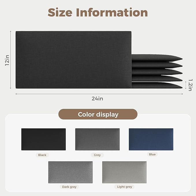 Compact Black Linen Wall-Mounted Headboard 24x12 Inch 6-Panel Kit - Space-Saving Design for Queen Beds, Non-Damaging Installation