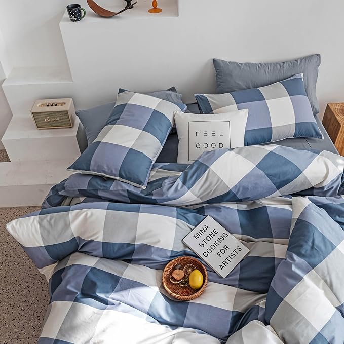 mixinni Twin XL Comforter Set Soft Fluffy Modern Style Checkered Pattern Comforter for Boys Mens, 1 Blue White Grey Geometric Comforter and 2 Pillowcases, All Seasons-Twin XL Size
