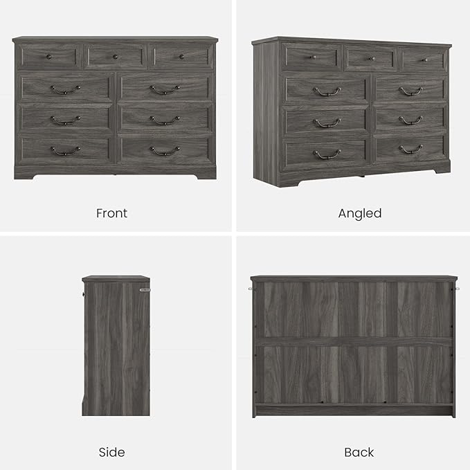 DICTAC Farmhouse 9 Drawers Dresser for Bedroom, Wide Dressers Chest of Drawers, Large Storage Closet Organizer with Natural Texture and Vintage Metal Handle, Wooden Dresser TV Stand for Living Room