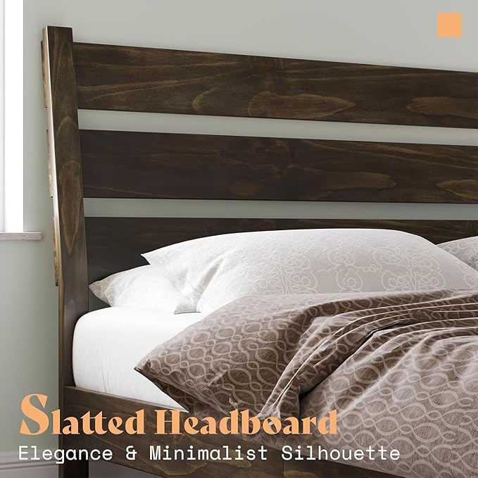 AMERLIFE King Size Mid Century Solid Wood Bed Frame, Platform Beds with Reclining Slatted Headboard, Wood Slat Support/No Box Spring Needed/Noise Free, Dark Brown