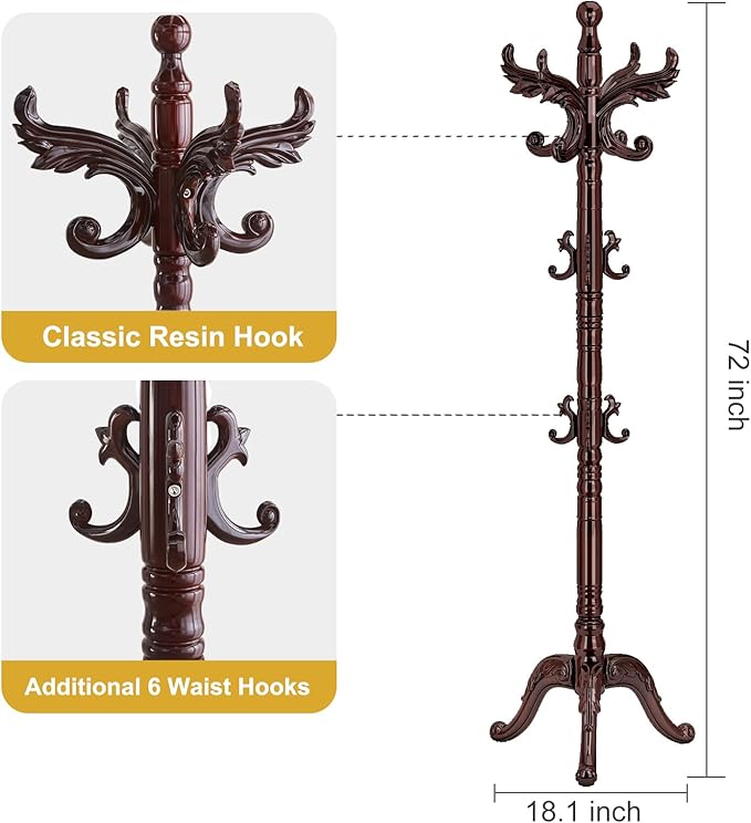 Wooden Coat Rack Stand Sturdy Triangle Base, Natural Birch Wood Coat Racks Freestanding, Vintage Solid Wood Coat Tree Stand with 14 Hooks, Classic Sturdy Coat Racks Hall Tree for Entryway, Office