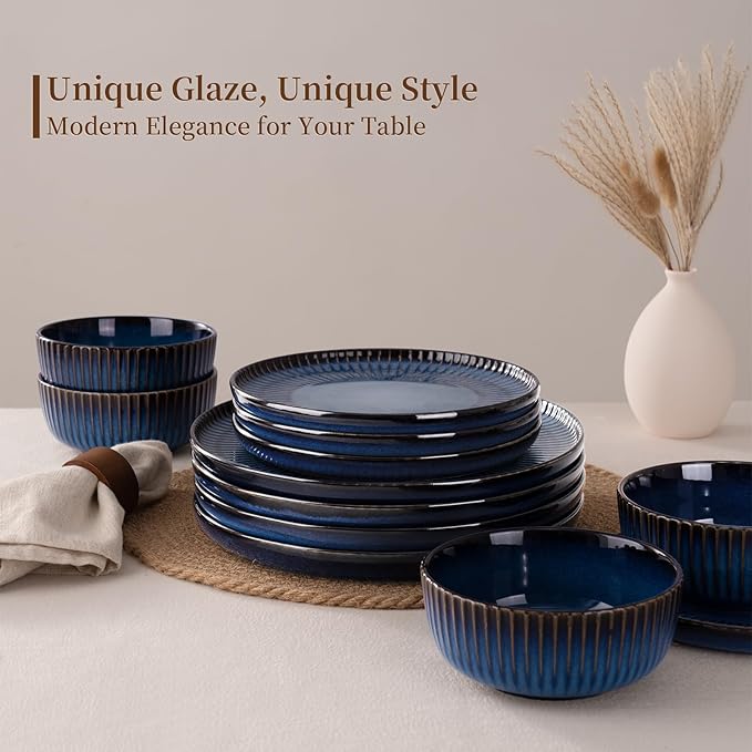 Famiware Starlight Dinnerware Sets, Plates and Bowls Dish Set of 8 (24 Pieces), Ribbed Textured Tableware - Dishwasher & Microwave Safe, Chip & Scratch Resistant, Reactive Glaze, Starry Blue