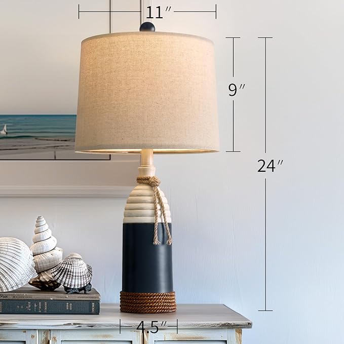 OYEARS 23.75" Table Lamps Set of 2, Bedside Lamps for Nightstands, Nautical Table Lamps for Living Room, Coastal Ocean Beach Style, Resin, Navy Blue