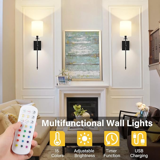 27 Inch Black Battery Operated Wall Sconces Set of 2, Rechargeable Wireless Wall Lights with Remote & White Fabric Shade, Indoor Not Hardwired Dimmable Wall Lamps for Hallway, 2 Bulbs Included