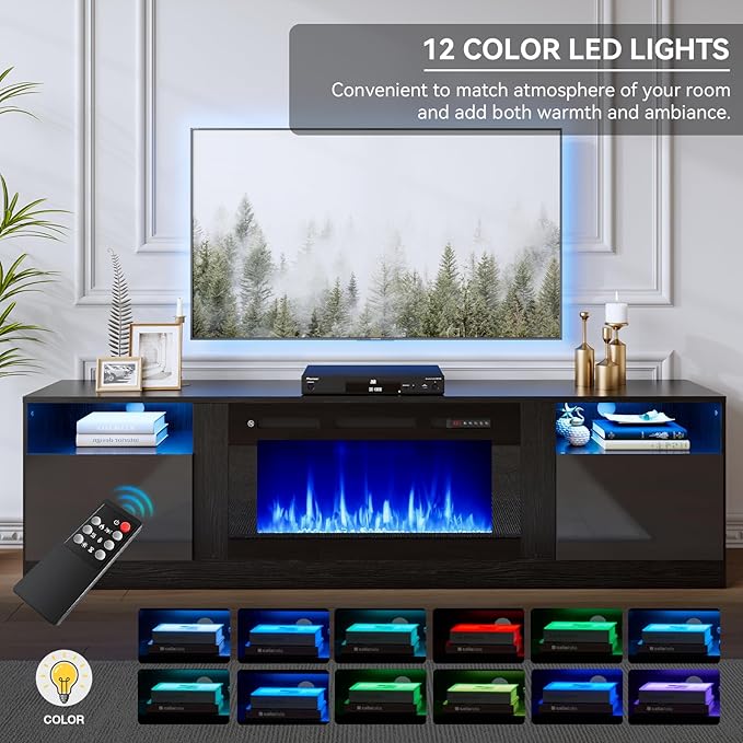 oneinmil 80” TV Stand with 36” Electric Fireplace, Large Modern Media Entertainment Center with Storage Cabinet and 12 Colors LED Lights for TVs Up to 90", Black TV Stand and Black Fireplace