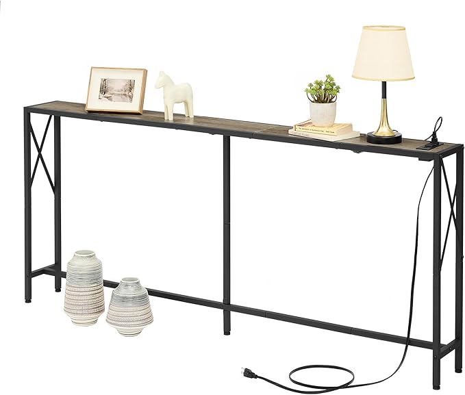 70" Sofa Tables Narrow Long, Behind Couch Table with Oulets & USB Ports, Industrial Long Skinny Stand for Entryway,Hallway, Living Room, Bedroom 7.9" D x 70" W x 24.8" H