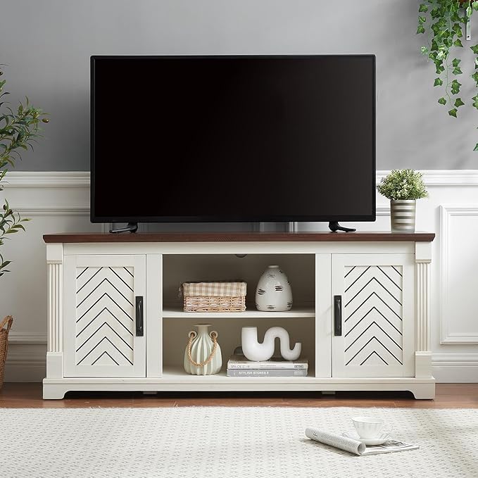 Farmhouse TV Stand for 65+ Inch TV, 25" Tall Entertainment Center with Barn Door, Rustic TV Stands for Bedroom with Adjustable Shelf, Wooden TV Consoles for Living Room, Antique White