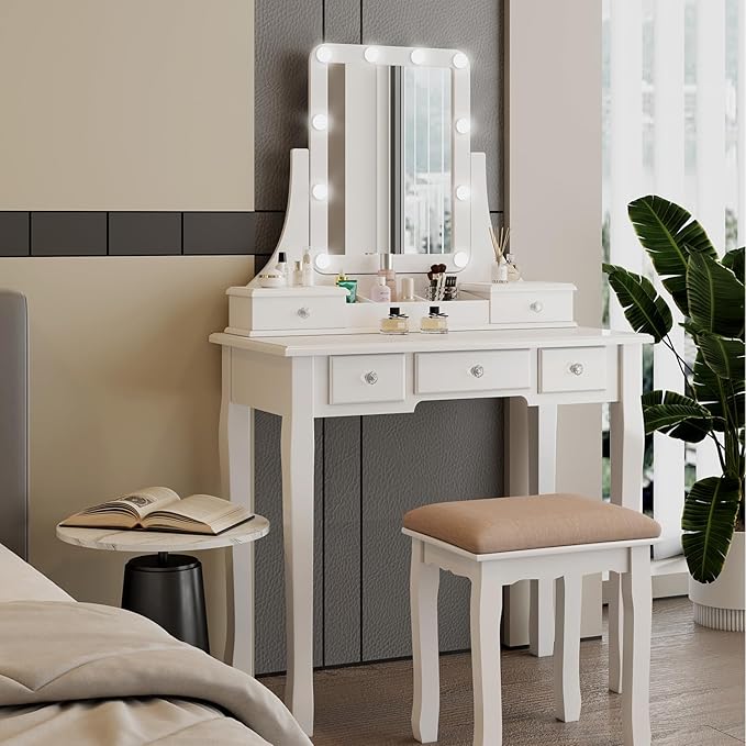 Make Vanity Desk with Lights and Mirror Makeup Vanity with Lights Bench Set Vanity Table with Lights with Drawers Vanity Mirror with Lights Desk and Chair