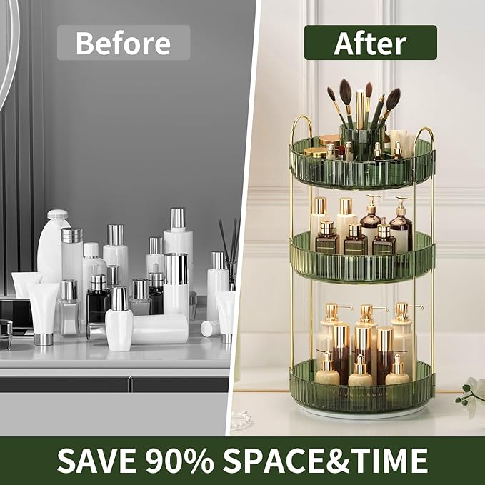 360° Rotating Makeup Organizer, Large-Capacity Skincare Make Up Storage 3 Tier Perfume Organizers Cosmetic Dresser Organizer with Makeup Brush Holder, Fits Bedroom, Bathroom, Vanity Shelf Countertop