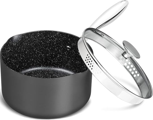 MICHELANGELO 3 Quart Saucepan with Lid, Hard Anodized Nonstick Sauce Pan with Strainer Lid & Pour Spouts for Easy Pour, Granite Derived Coating Sauce Pan for Cooking, Small Pot - 3 Qt Saucepan