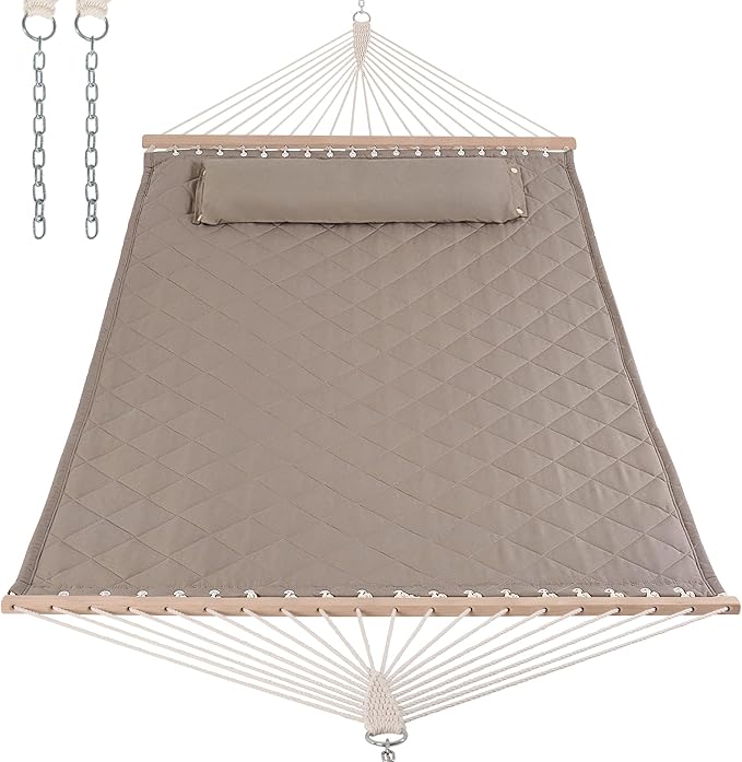 ANOW Double Hammock with Spreader Bars and Detachable Pillow, 2 Person Hammock for Outside, 450 LBS Weight Capacity, Light Brown
