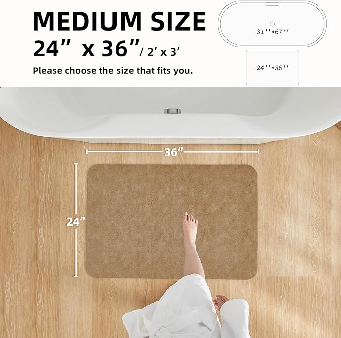 Bathroom Mat Quick Dry, Bathroom Rugs Non Slip Washable Thin Absorbent Bath Mat Fits Under Door Bathroom Floor Mat Perfect for Bath, Shower, or Sink 24"x36" Camel