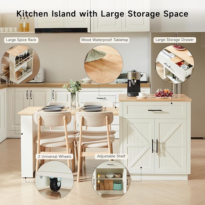76" Kitchen Islands with Extendable Dining Table, 2-6 Island Table for Kitchen, Mobile Kitchen Table with Double-Side Storage, Kitchen Island on Wheels with Power Outlet & Spice Rack, White
