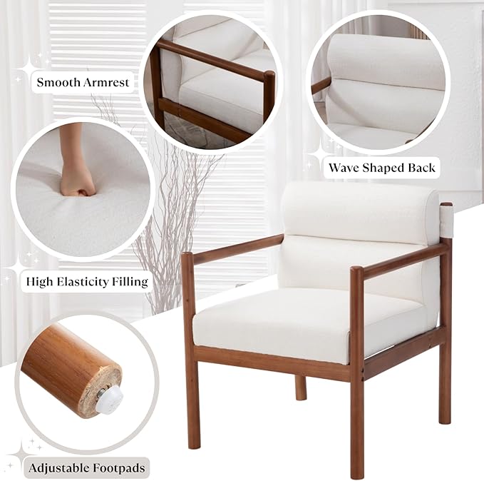 Mid-Century Accent Chairs Set of 2, Modern Linen Fabric Lounger Chairs Upholstered Armchairs with Walnut Wood Frame, Upholstery Back Leisure Chairs for Living Room, Balcony, White