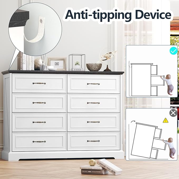 Dresser for Bedroom with 8 Drawer, Farmhouse Dresser for Closet,47'' Wide Rustic Wooden Chest of Drawers with Natural Wood Texture, Vintage Storage Organizer for Living Room, Hallway, White