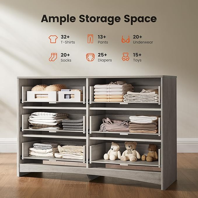 Amada Modern 6 Drawer Dresser, Fluted Wood Chest of Drawers with Rounded Corners, Pre-Installed Drawer Slides, Dresser TV Stand and Storage Organizer for Bedroom, Hallway, Grey