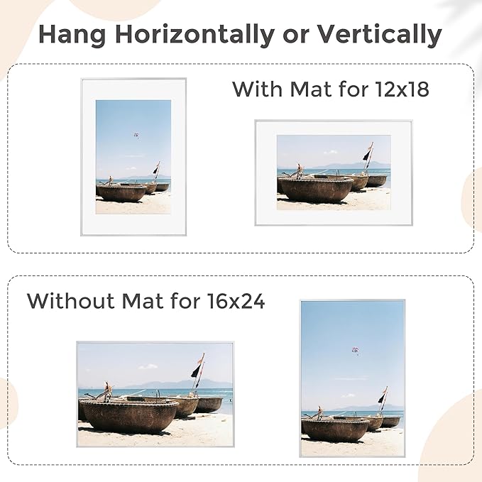 16x24 Frame | 16x24 Poster Frame With Mat For 12x18 | Metal Aluminum Picture Frame With Tempered Glass | Minimalist Modern Poster Frame | Hanging Hardware Included | Silver