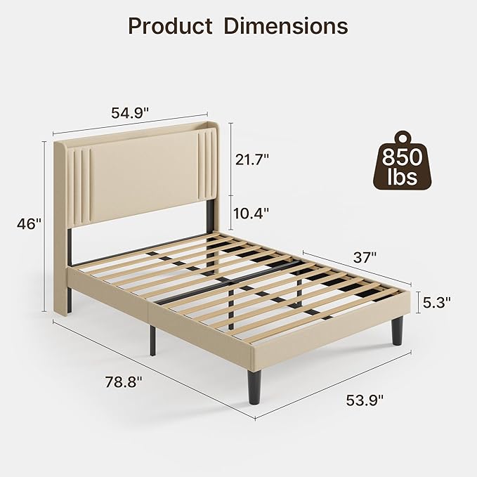 Gizoon Full Bed Frame with Charging Station and LED Lights,Upholstered Wingback Platform Bed with Wooden Slats,Noise-Free,No Box Spring Needed