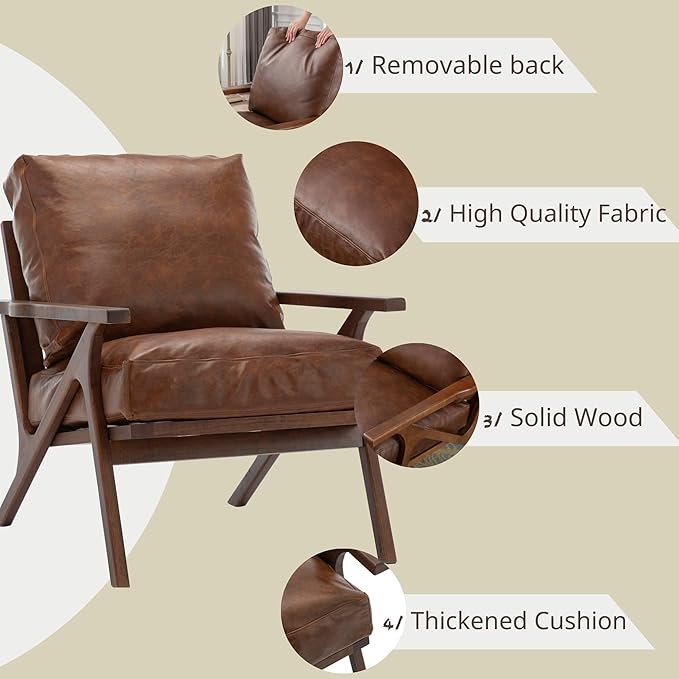Wahson Brown Leather Accent Chair - Mid Century Modern Retro Upholstered Armchair with Wood Frame and Removable PU Cushions - Large Compfy Leisure Slipper Chair for Living Room/Bedroom (Set of 2)