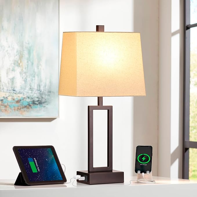 Touch Control Table Lamps Set of 2, Modern Brown Bedside Lamps with USB A+C Ports & AC Outlet, 3 Way Dimmable Contemporary Nightstand Lamps for Bedroom Living Room(LED Bulb Included)