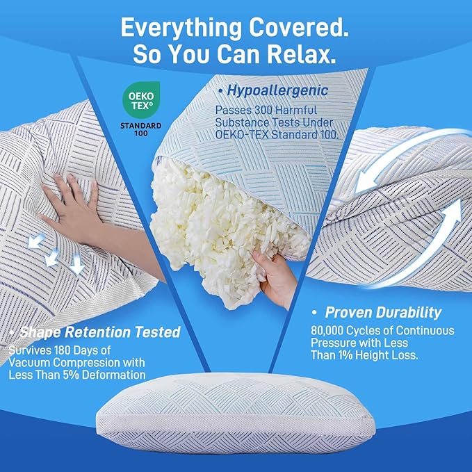 Sylvaris Shredded Memory Foam Cooling Soft Bamboo Viscose Pillows Queen Size Set of 2, Adjustable Hypoallergenic Hotel Quality Pillows for Back, Stomach and Side Sleeper, Oeko-TEX Certified