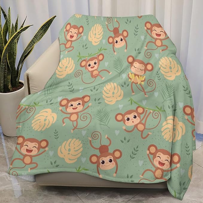 Wild Cute Animals Monkey Throw Blanket, Flannel Fleece Bed Blanket, Soft Cozy Fuzzy Plush Blankets for Couch Sofa Office Traveling Kids Bedroom Adults Living Room All Season, 60"x50"