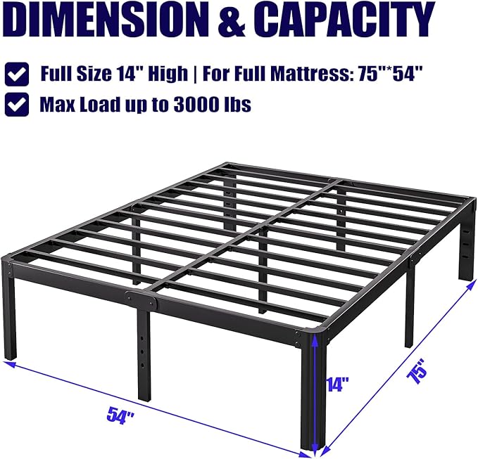 14in Full Size Bed Frame No Box Spring Needed, Heavy Duty Metal Platform Bed Frame Full with Round Corners, Easy Assembly, Noise Free, Black