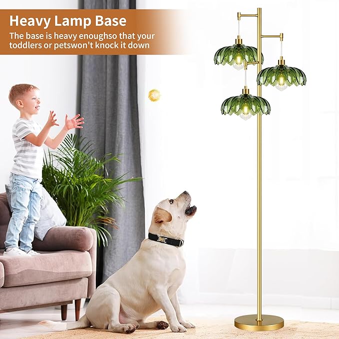 Gold Floor Lamps for Living Room Vintage Floor Lamp with Glass Lmapshape & Three Led Bulb,Green Floor Lamp Brass Mid Century Modern Standing Lamp Tall Tree Flower Floor Lamps for Bedroom,Office,Corner