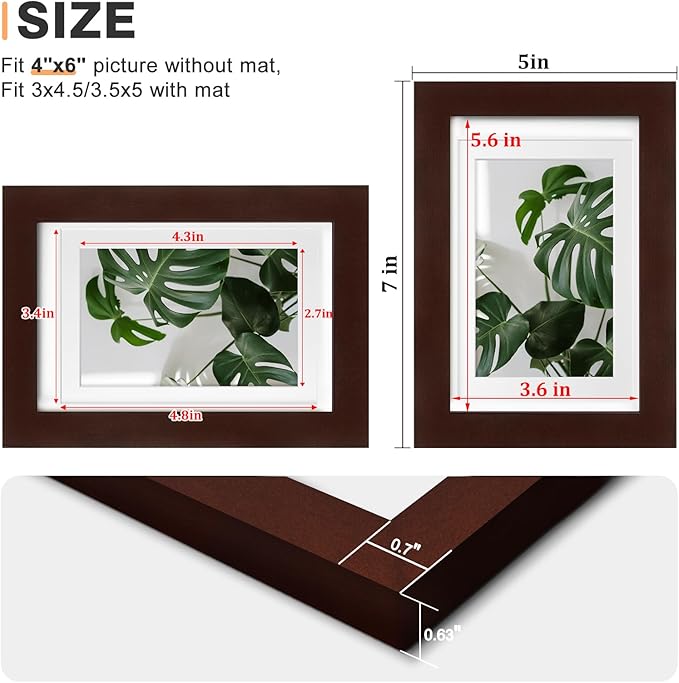 Egofine 4x6 Picture Frame with Plexiglass, Display Pictures 3.5x5 with Mat or 4x6 Without Mat for Tabletop and Wall Mounting, Walnut Color