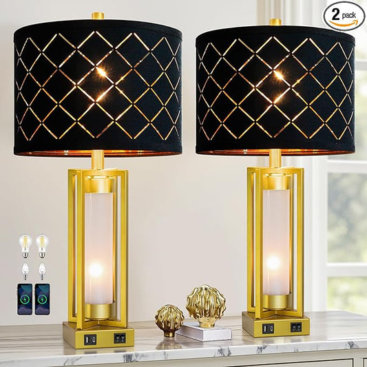 RORIANO Set of 2 Modern Table Lamps for Living Room Bedroom with USB C+A, Rustic Nightstand Lamps with White Night Light, Black Grid Shade, Desk Lamps for Bedside End Tables, 4 Bulbs Included (Gold)