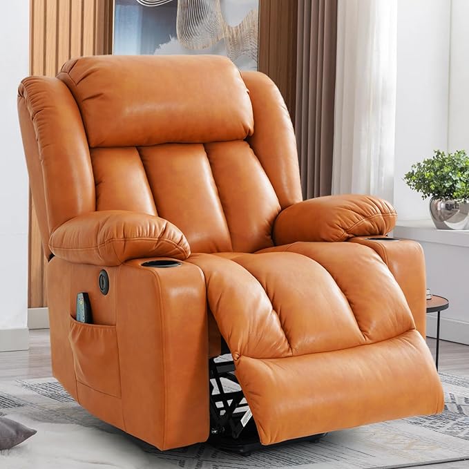 Power Lift Recliner Chair for Elderly, Electric Recliner Chairs for Adults with Massage and Heat, Cup Holders, Remote Control, USB Ports, Side Pockets, Leather (Bright Orange) ﻿
