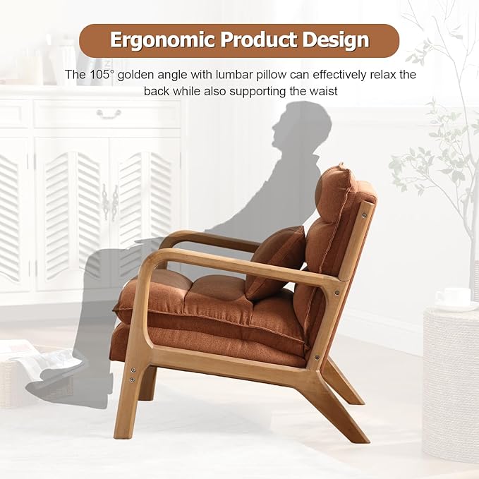 INZOY Mid Century Modern Accent Chair with Wood Frame, Upholstered Reading Armchair with Waist Cushion, Double Padded Accent Chair, Side Chair for Living Room Bedroom Office, Easy Assembly, Brown