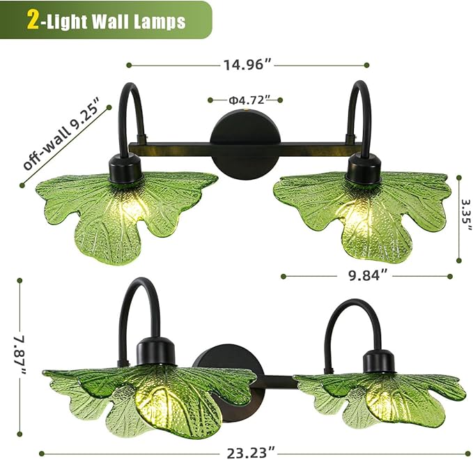 2 Light Black Vanity Light Bathroom Wall Sconce Vintage Wall Sconce Lights Wall lamp with Green Glass Shade Bathroom Vanity Light Over Mirror for Bedroom Hallway Living Room