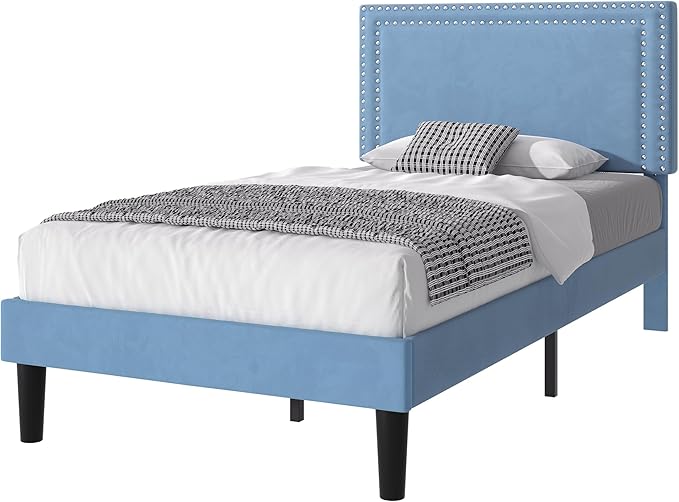 VECELO Twin Size Platform Bed Frame with Adjustable Upholstered Headboard, Strong Wood Slat Support, No Box Spring Needed, Easy Assembly