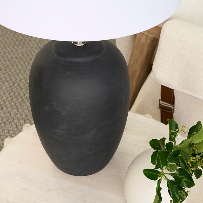 Nourison Home 23" Black Vintage Distressed Ceramic Pot Table Lamp for Bedroom, Living Room, End Table, with White Tapered Drum Shade
