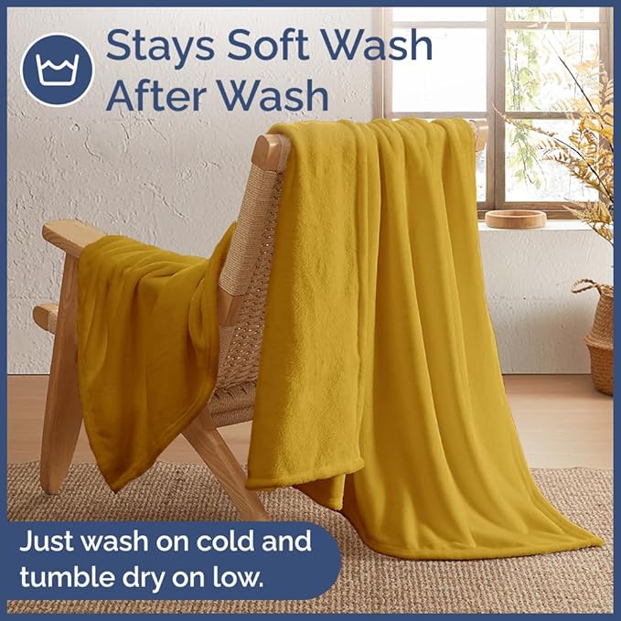 Ultra Soft Fleece Blanket Throw Size - Flannel Fleece Luxury Throw Blanket - Lightweight for Couch Bed Chair - Thick, Warm and Breathable - All Season Cozy Fuzzy, Anti-Static Microplush Bedding, Gold