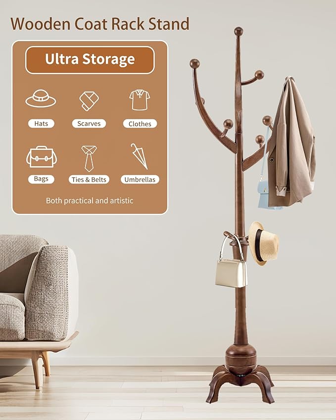 EZIVIEZ Wooden Coat Rack Stand, Solid Wood Freestanding Coat Rack with 11 Hooks, Creative Design Tree Branch-look Coat Racks,Walnut Brown Standing Coat Hanger Jacket Tree Stand for Office, Entryway
