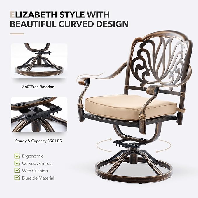 7 Piece Outdoor Dining Set Cast Aluminum, Retro Patio Dining Furniture Set for 6 Includes 54’’ Round Table 6 Chairs with Thicker Cushion and Umbrella Hole for Patio Deck Garden