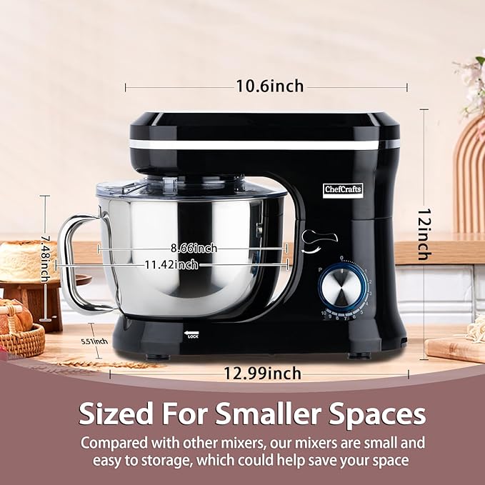 Household Stand Mixer with 6.5 Quart Bowl, Electric Food Mixer 10+p Speeds 660W, Kitchen Tilt-Head Bread Dough and Cake Mixers with Dough Hook, Whisk, Beater, Splash Guard and Egg Separator (Black)