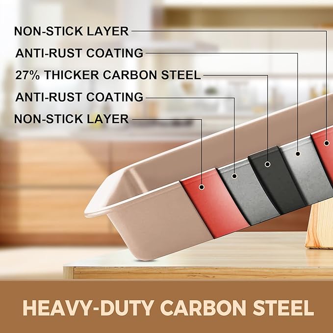 HONGBAKE Bakeware Sets, Baking Pans Set, Nonstick Oven Pan for Kitchen with Wider Grips, 10-Piece Including Rack, Cookie Sheet, Cake Pans, Loaf Pan, Muffin Pan, Pizza Pan - Champagne Gold