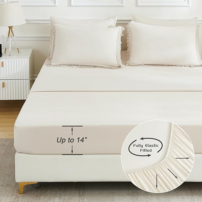 Andency Beige Comforter Set King Size with Sheets -7 Pieces Boho Tassel Bed in a Bag Soft Lightweight Bedding Sets, All Season Fringe Bed Set with Comforter, Sheets, Pillowcases & Shams