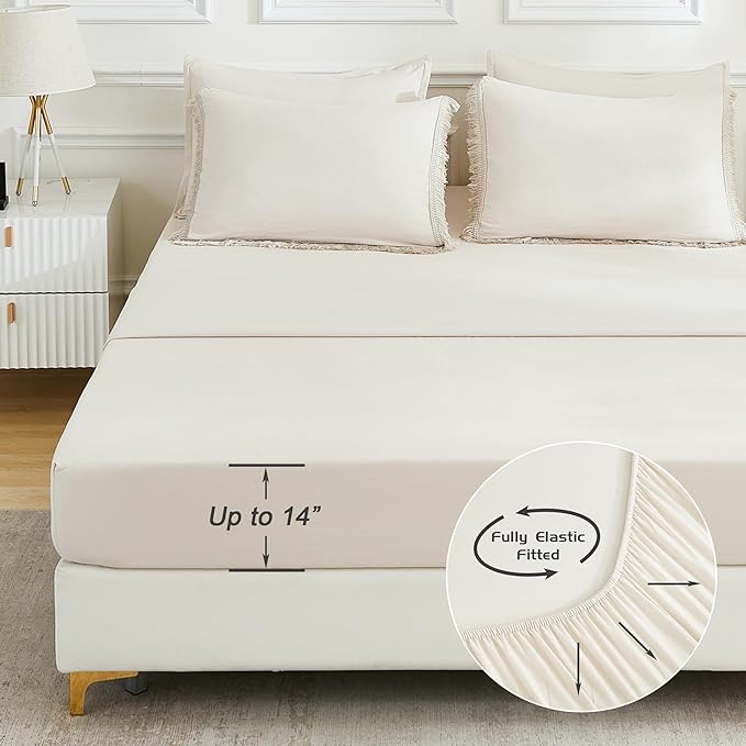 Andency Beige Comforter Set Full Size with Sheets -7 Pieces Boho Tassel Bed in a Bag Soft Lightweight Bedding Sets, All Season Fringe Bed Set with Comforter, Sheets, Pillowcases & Shams