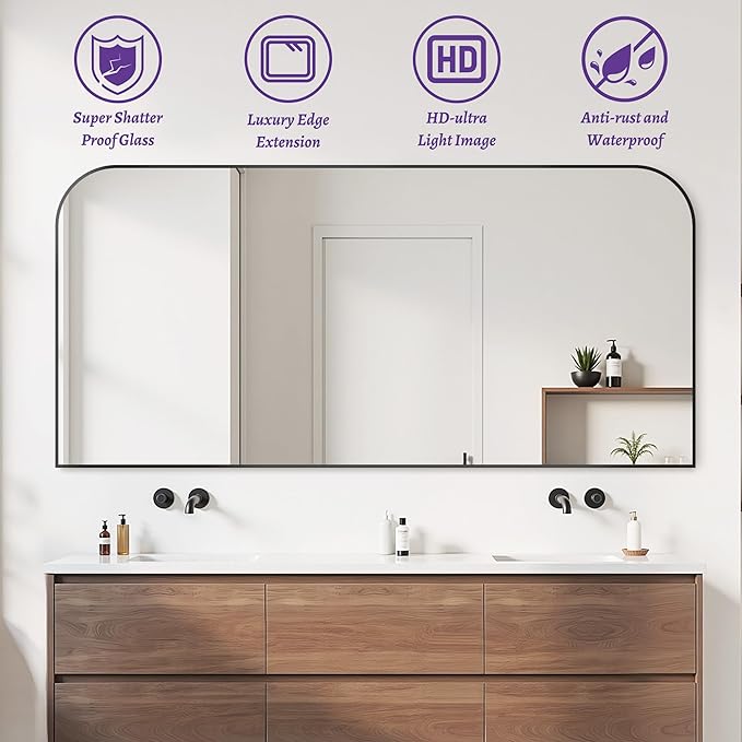 Bathroom Mirror, Wall Mirrors, Black Metal Framed Wall-Mounted Mirrors, Bathroom Vanity Mirror for Over Sink, Living Room, Bedroom, Entryway, 72x32 Inch, Black