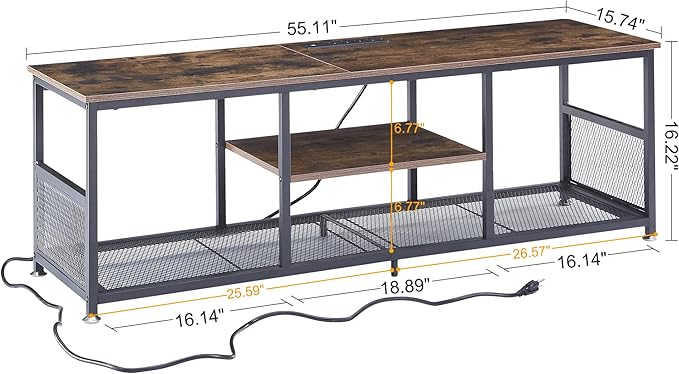 VECELO TV Stand with Power Outlets for Televisions up to 65Inch, 55" Media Entertainment Center with Charging Station 3-Tier Open Storage Shelves with Metal Frame for Living Room/Bedroom，Brown