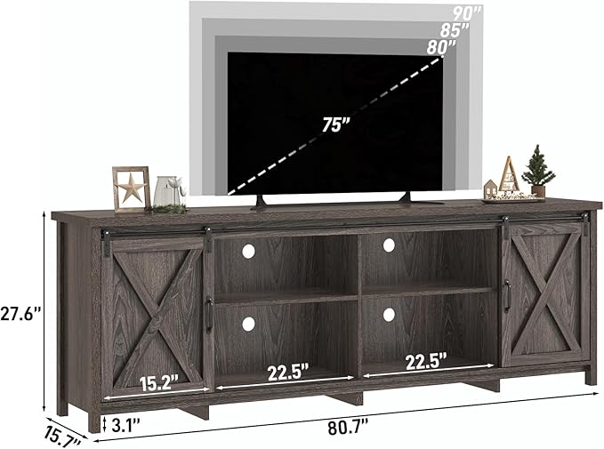 Farmhouse TV Stand for 90 Inch TV with Sliding Barn Door, Rustic Wood Entertainment Center Large Media Console Cabinet Long Television Stands,Console Table and Media Furniture for Living Room(Grey)