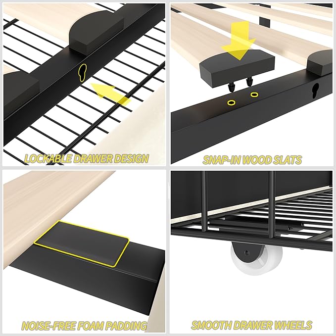 VECELO Queen Size Upholstered Platform Bed Frame with 4 Storage Drawers, Adjustable Velvet Rivet Decor Headboard, Wooden Slats Support, No Box Spring Needed, Easy Assembly