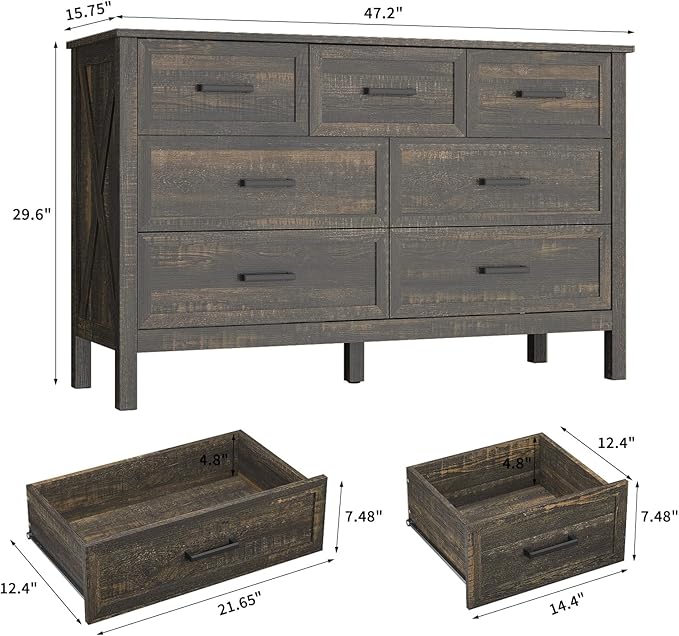 Farmhouse 7 Drawers Dresser for Bedroom, Wood Rustic Wide Chest with Natural Texture, Farmhouse Chest of Drawers for Bedroom, Hallway, Entryway, Dark Brown